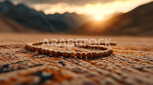 التقرب الى الله تعالى و طلب المغفرة و التسبيح و الذكر, صورة مقربة لسبحه مصنوعه من الخرز على سجادة، التعبد و الإجتهاد في العباده في شهر رمضان المبارك