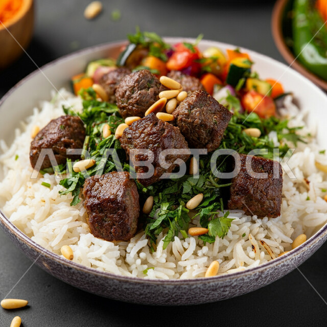 وجبات وأطباق عربية تقليدية شعبية، طبق من الأرز الابيض و قطع لحم الغنم المطهية، وصفات طعام الشهية، مطاعم للمأكولات العربية الشرقية في المملكة العربية السعودية