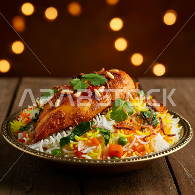 A plate of Mandi rice with grilled chicken and fresh vegetables, traditional Saudi Arabian food and dishes, a plate of Kabsa rice, delicious popular food recipes, the art of serving food in oriental restaurants