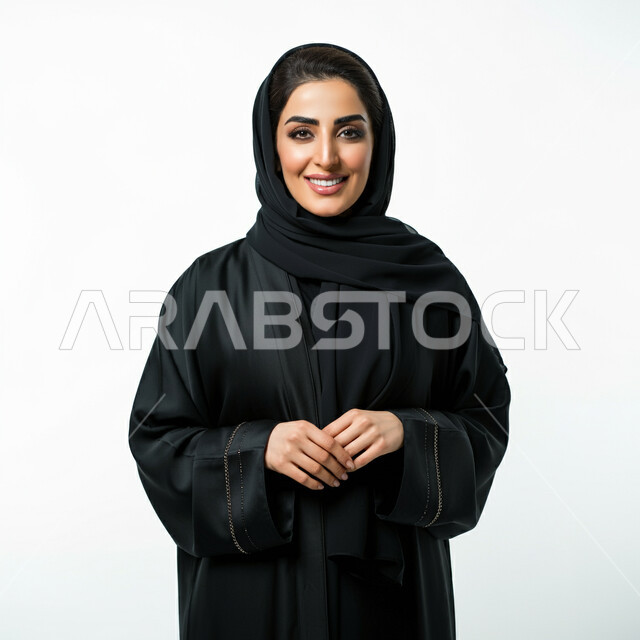 مفهوم الانوثة والنعومة، بورتريه لامراة عربية خليجية سعودية مبتسمة ترتدي العباءة السوداء والحجاب تقف بايدي متشابكة تنظر الى الكاميرا بتعابير الفرح والسرور، الاناقة والشياكة والاهتمام بالمظهر الخارجي، ازياء محجبات عصرية راقية، خلفية بيضاء
