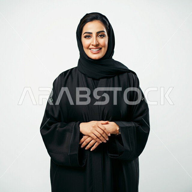 مفهوم الانوثة والنعومة، بورتريه لامراة عربية خليجية سعودية مبتسمة ترتدي العباءة السوداء والحجاب تقف بايدي متشابكة تنظر الى الكاميرا بتعابير الفرح والسرور، الاناقة والشياكة والاهتمام بالمظهر الخارجي، ازياء محجبات عصرية راقية، خلفية بيضاء