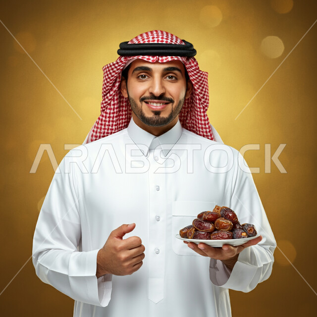 عادات وتقاليد سعودية في اكرام الضيف، حسن الاستقبال وكرم الضيافة، طبق زجاجي مليء بالتمور، محاصيل زراعية وطنية محلية، صورة مقربة لرجل عربي خليجي سعودي يرتدي الثوب التقليدي والغترة يحمل بيده صحن من التمر السكري اللذيذ