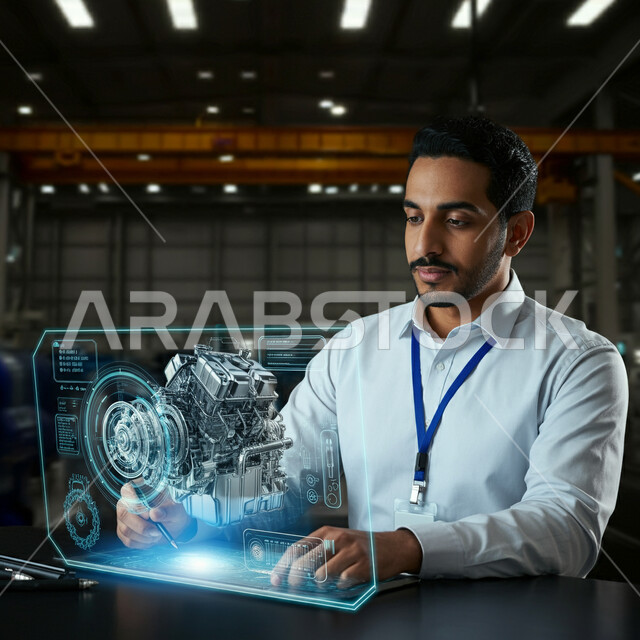 دمج التكنولوجيا مع الهندسة الميكانيكية والصناعية، صورة مقربة لشاب عربي خليجي سعودي يرتدي الثوب التقليدي يضع البطاقة التعريفية يقوم بتصميم ودراسة نموذج هولوجرامي ثلاثي الابعاد لمحرك ميكانيكي متقدم، رؤية مستقبلية سعودية 2030