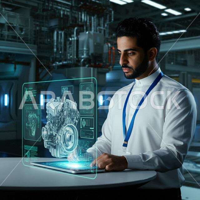 دمج التكنولوجيا مع الهندسة الميكانيكية والصناعية، صورة مقربة لشاب عربي خليجي سعودي يرتدي الثوب التقليدي يضع البطاقة التعريفية يقوم بتصميم ودراسة نموذج هولوجرامي ثلاثي الابعاد لمحرك ميكانيكي متقدم، رؤية مستقبلية سعودية 2030