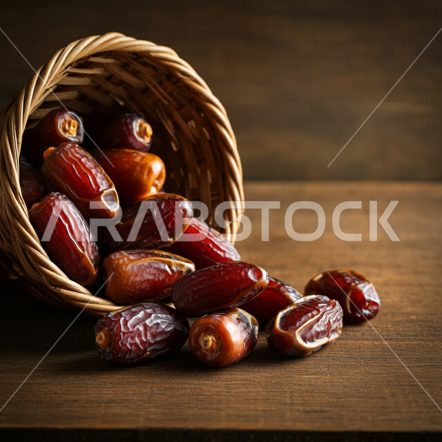 غذاء صحي ومفيد، وجبة غذائية عالية الأهمية، منتجات ومحاصيل زراعية محلية وطنية، سلة مليئة بحبات التمر الطازجة، تمور صحية لذيذة، ضيافة رمضانية شهية