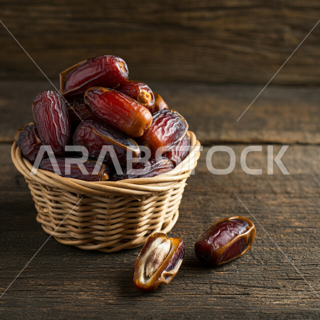 Highly nutritious meal, healthy and useful food, local national agricultural products and crops, a basket full of fresh dates, delicious healthy dates, delicious Ramadan hospitality