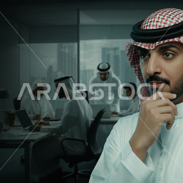 التمعن والتركيز لإيجاد حل للمشكلة، صورة مقربة لرجل عربي خليجي سعودي يرتدي الثوب التقليدي والشماع يضع يده على ذقنه بتعابير التفكير والتركيز بشيء ما داخل مقر الشركة، ايماءات شرود الذهن والقلق، التأمل و التخطيط للمستقبل، العمل في شركات المملكة العربية السعودية