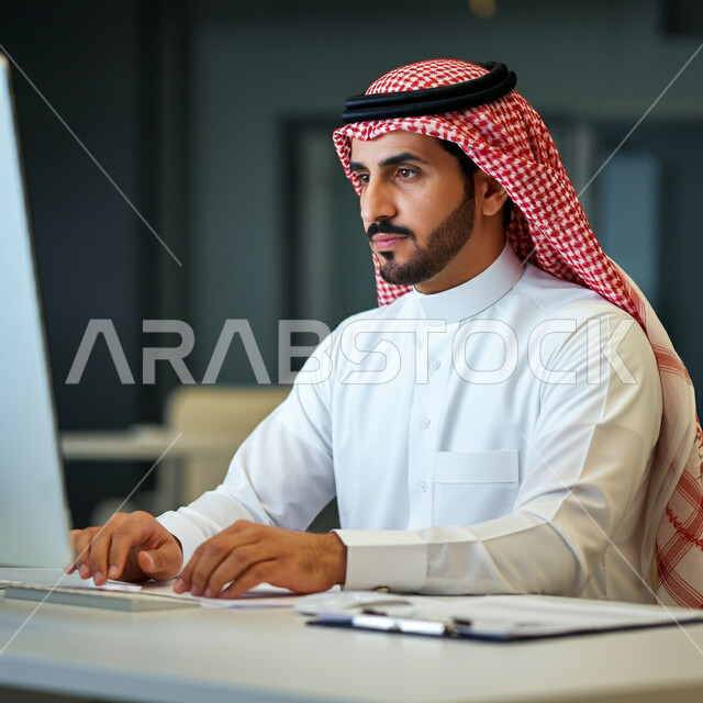أداء المهام والاعمال المكتبية داخل مقر الشركة، صورة من الجانب لرجل عربي خليجي سعودي يرتدي الثوب التقليدي والشماغ  يجلس امام مكتبه يقوم بالعمل على الحاسب المحمول، دمج التقنية الحديثة والتكنولوجيا في الحياة العملية، العمل في مكاتب وشركات المملكة العربية السعودية