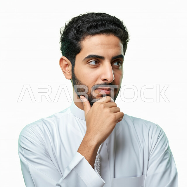التمعن والتركيز لإيجاد حل لمشكلة، بورتريه مقرب لرجل عربي خليجي سعودي يرتدي الثوب التقليدي يضع يده على ذقنه بتعابير التفكير والتركيز بشيء ما، ايماءات شرود الذهن والحيرة والقلق، التأمل و التخطيط للمستقبل، خلفية بيضاء