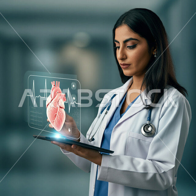 التطور والتقدم الرقمي والتكنولوجي في المجال العلمي والصحي، الذكاء الإصطناعي المتقدم في المستشفيات، رؤية سعودية مستقبلية 2030، صورة من الجانب لطبيبة عربية خليجية سعودية ترتدي المعطف الابيض والسماعات الطبية تحمل بيدها جهاز التابلت تنظر إلى صورة قلب بتقنية الهولوجرام