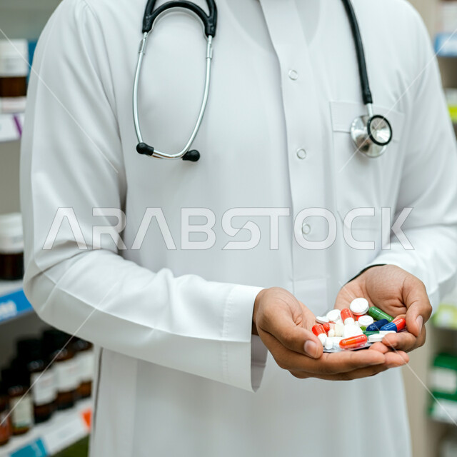 ادوية لمعالجة الحالات المرضية والوقاية من الامراض، مفهوم الصيدلة والمستلزمات الطبية، الطب والرعاية الصحية، صورة مقربة لطبيب عربي خليجي سعودي يرتدي الثوب التقليدي والسماعة الطبية يمسك بيده جرعة دواء خاصة بالمريض، العمل في القطاع الصحي