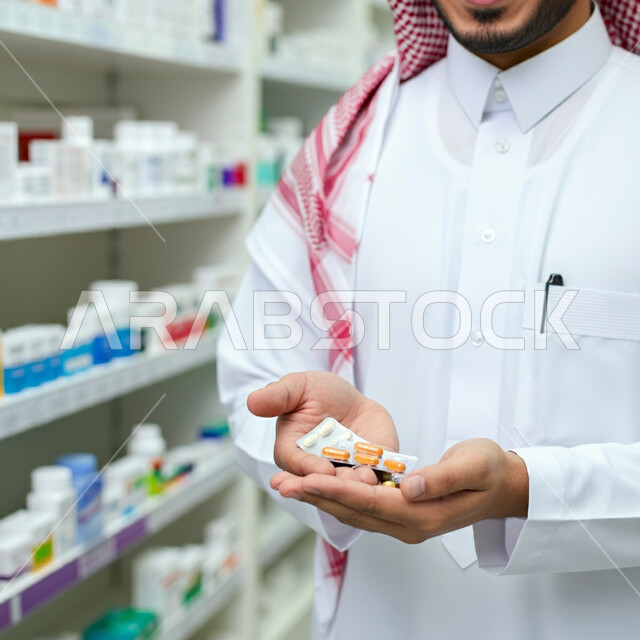ادوية لمعالجة الحالات المرضية والوقاية من الامراض، مفهوم الصيدلة والمستلزمات الطبية، الطب والرعاية الصحية، صورة مقربة لطبيب عربي خليجي سعودي يرتدي الثوب التقليدي والشماغ يمسك بيده جرعة دواء خاصة بالمريض، العمل في القطاع الصحي