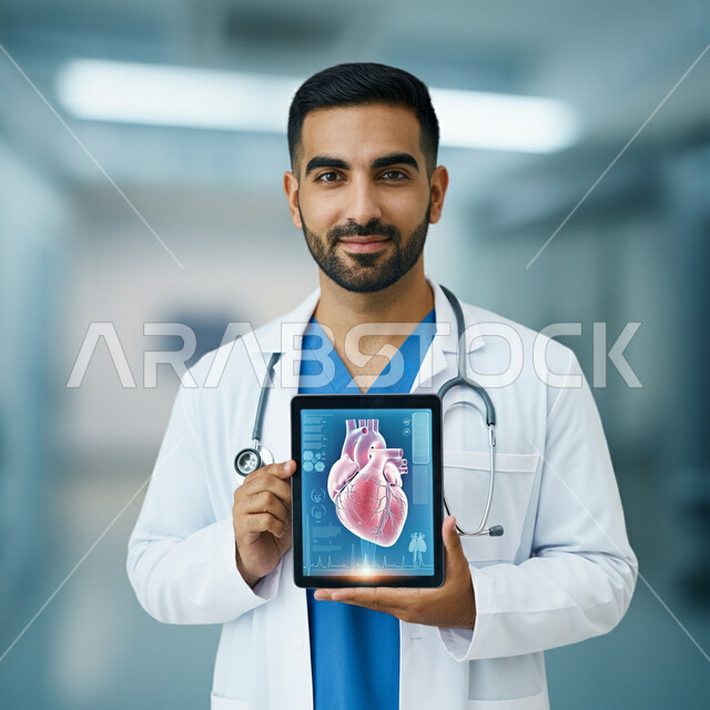 التطور والتقدم الرقمي والتكنولوجي في المجال العلمي والصحي، الذكاء الإصطناعي المتقدم في المستشفيات، رؤية سعودية مستقبلية2030، طبيب عربي خليجي سعودي يرتدي المعطف الابيض والسماعات الطبية يحمل بيده جهاز التابلت يقوم بعرض صورة قلب بتقنية الهولوجرام