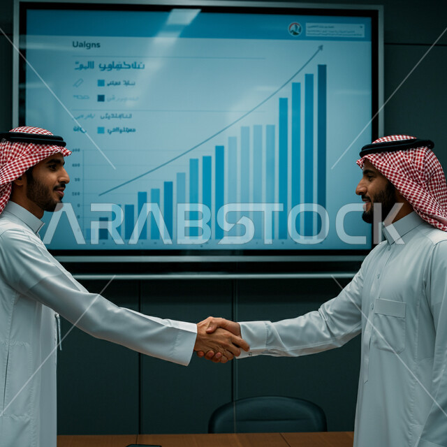 إقامة ورشات عمل واجتماعات, التعاون بين الشركات العربية الخليجية السعودية، متابعة أسهم البورصة، الاستثمار المالي والاقتصادي، رجلا أعمال عربيان خليجيان سعوديان يتصافحان، الإتفاق والشراكة على صفقة عمل جديدة, شاشة إلكتونية تعرض بيانات أرباح الشركة