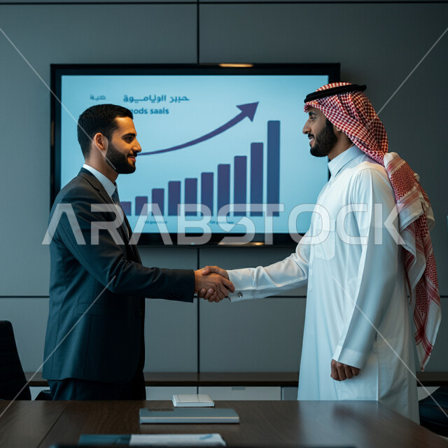 الإتفاق والشراكة على صفقة عمل جديدة, إقامة ورشات عمل واجتماعات, التعاون بين الشركات العربية الخليجية السعودية، متابعة أسهم البورصة، الاستثمار المالي والاقتصادي، رجلا أعمال عربيان خليجيان سعوديان يتصافحان، شاشة إلكتونية تعرض بيانات أرباح الشركة