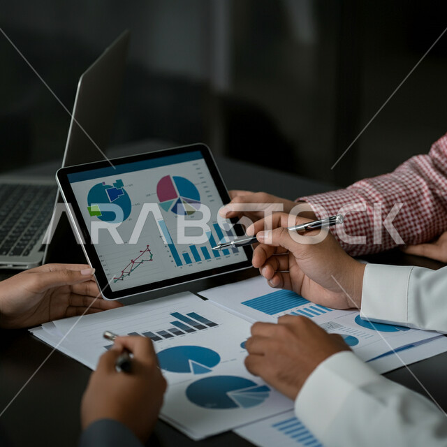 دراسة وتحليل الإحصائيات والرسوم البيانية, صورة مقربة لاجتماع رجال أعمال عربيين سعوديين خليجيين داخل مقر الشركة يستخدمون الجهاز اللوحي، مفهوم الإدارة المتعاونة، جمع بيانات البورصة وسوق الأسهم, بيانات إنجاز وتحقيق أهداف الشركة، دمج الأجهزة والتكنولوجيا بالعمل