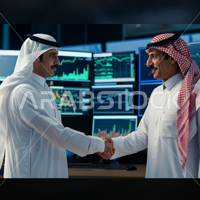 Successful deal making, cryptocurrency trading, monitoring economy and financial information, two Saudi Arabian Gulf businessmen wearing traditional thobes shaking hands, stocks rising and falling in stock exchange, concept of economic investment, background of electronic screens displaying economic data