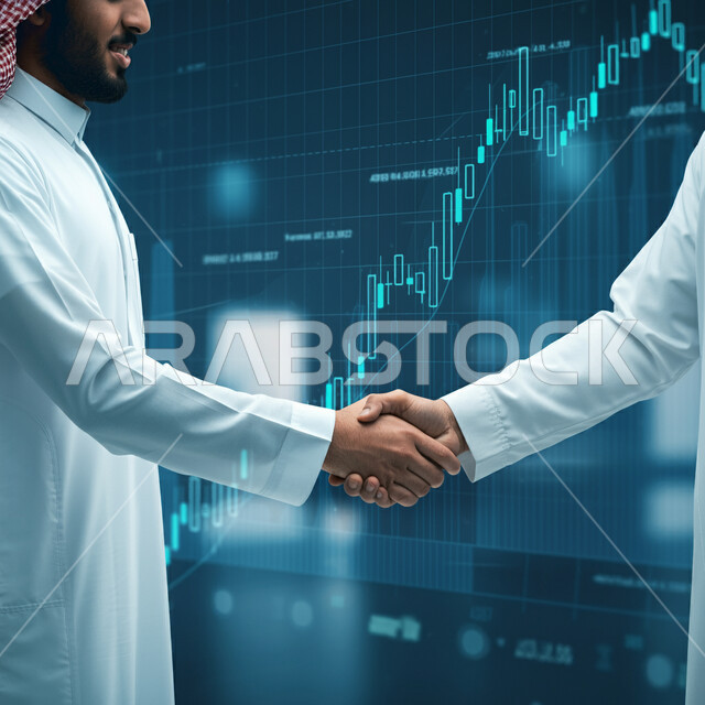 تداول العملة الرقمية، ارتفاع وانخفاض الأسهم في البورصة، إتمام صفقات ناجحة، مراقبة الاقتصاد والمعلومات المالية، صورة مقربة لأيدي رجلين عربيين خليجيين سعوديين يرتديان الثوب التقليدي يتصافحان مع بعضهما، مفهوم الاستثمار الاقتصادي، خلفية شاشة تعرض بيانات اقتصادية