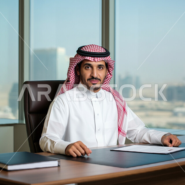 العمل في مكاتب وشركات المملكة العربية السعودية، بيئة عمل مريحة، رجل عربي خليجي سعودي يرتدي الثوب التقليدي والشماغ يجلس امام مكتبه ينظر الى الكاميرا بتعابير الفخر والثقة بالنفس، مفهوم ادارة الاعمال وتنظيمها، مهن و وظائف مكتبية