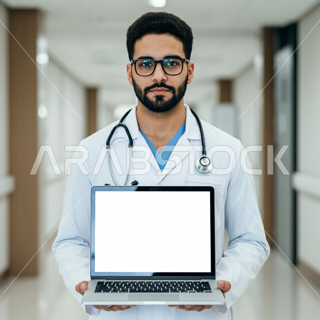 البرامج والتطبيقات الطبية، استخدام الأجهزة التقنية الحديثة في الطب، العمل في المجال الصحي، طبيب عربي خليجي سعودي يرتدي المعطف الأبيض ويضع السماعة حول عنقه يقف في المشفى ويعرض شاشة بيضاء فارغة عبر الحاسب المحمول، تقديم الاستشارات عن طريق الإنترنت