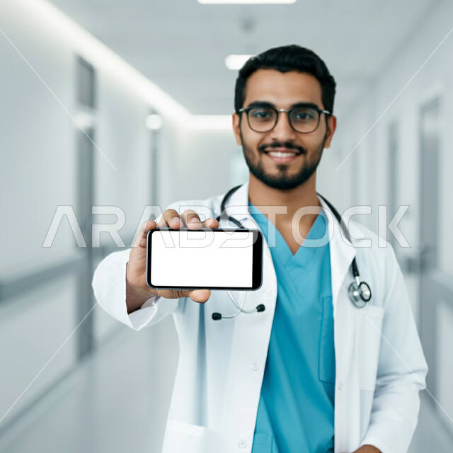 النظر إلى الكاميرا بايماءات البشاشة، طبيب عربي خليجي سعودي يرتدي المعطف الأبيض ويضع السماعة الطبية حول عنقه يقف في المشفى ويعرض شاشة بيضاء فارغة عبر الهاتف المحمول، تقديم الاستشارات عن طريق الإنترنت، العمل في المجال الصحي، دمج التقنيات الحديثة بالأعمال الطبية