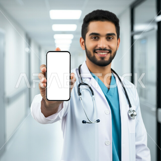دمج التقنيات الحديثة بالأعمال الطبية، النظر إلى الكاميرا بايماءات البشاشة، طبيب عربي خليجي سعودي يرتدي المعطف الأبيض ويضع السماعة الطبية حول عنقه يقف في المشفى ويعرض شاشة بيضاء فارغة عبر الهاتف المحمول، تقديم الاستشارات عن طريق الإنترنت، العمل في المجال الصحي