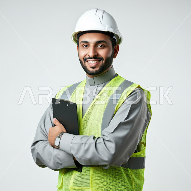 Integrating technology and modern devices into engineering work, portrait of a smiling Saudi Arabian Gulf engineer wearing a jacket and a protective helmet, holding a tablet in his hand, looking at the camera with expressions of pride and pleasure, working in the engineering sector, development of the engineering field in the Kingdom of Saudi Arabia, white background