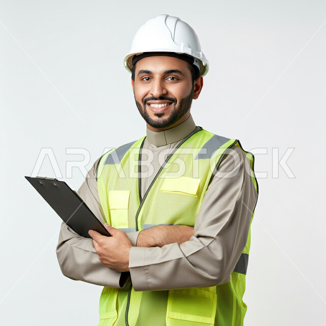 دمج التقنية والاجهزة الحديثة في الاعمال الهندسية، بورتريه مقرب لمهندس عربي خليجي سعودي مبتسم يرتدي السترة وخوذة الحماية يحمل بيده جهاز التابلت، النظر الى الكاميرا بتعابير الفخر والسرور، العمل في القطاع الهندسي, تطور مجال الهندسة في المملكة العربية السعودية، خلفية بيضاء