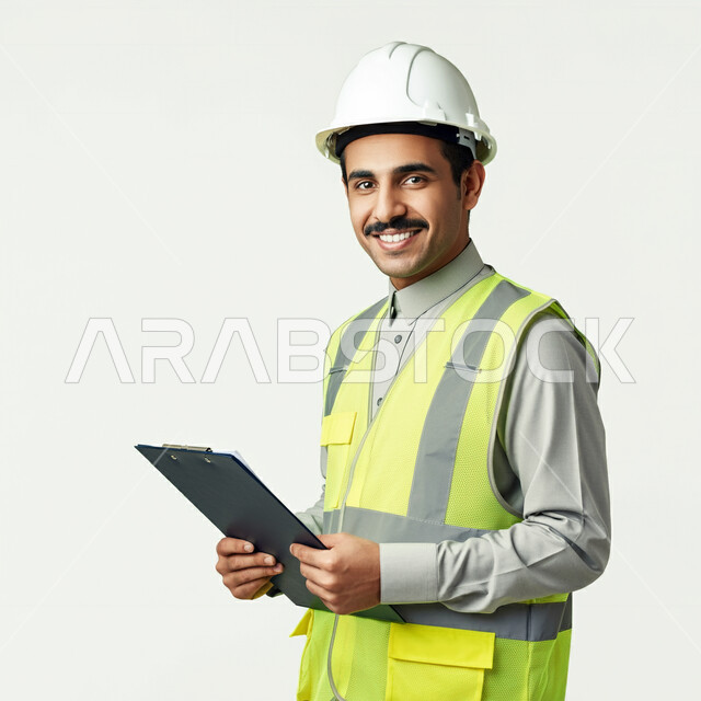 Integrating technology and modern devices into engineering work, portrait of a smiling Saudi Arabian Gulf engineer wearing a jacket and a protective helmet, holding a tablet in his hand, looking at the camera with expressions of pride and pleasure, working in the engineering sector, development of the engineering field in the Kingdom of Saudi Arabia, white background