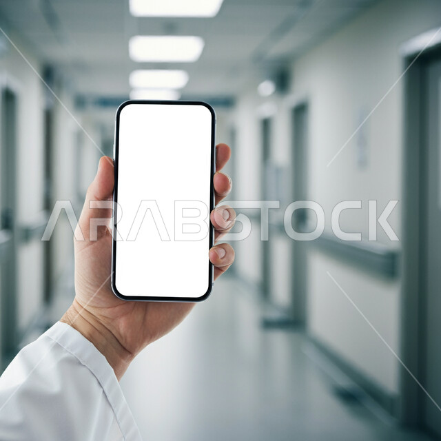 إجراء البحوث والدراسات باستخدام الجوال، تقديم الخدمات عن طريق الإنترنت، دمج التقنيات الحديثة بالأعمال الطبية، صورة مقربة ليد طبيب عربي خليجي سعودي يرتدي المعطف الأبيض يقوم بعرض شاشة بيضاء فارغة عبر الهاتف المحمول، العمل في المجال الصحي، طلب استشارة أونلاين