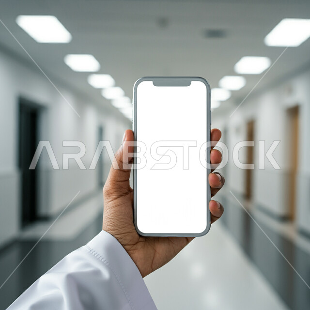 إجراء البحوث والدراسات باستخدام الجوال، تقديم الخدمات عن طريق الإنترنت، دمج التقنيات الحديثة بالأعمال الطبية، صورة مقربة ليد طبيب عربي خليجي سعودي يرتدي المعطف الأبيض يقوم بعرض شاشة بيضاء فارغة عبر الهاتف المحمول، العمل في المجال الصحي، طلب استشارة أونلاين