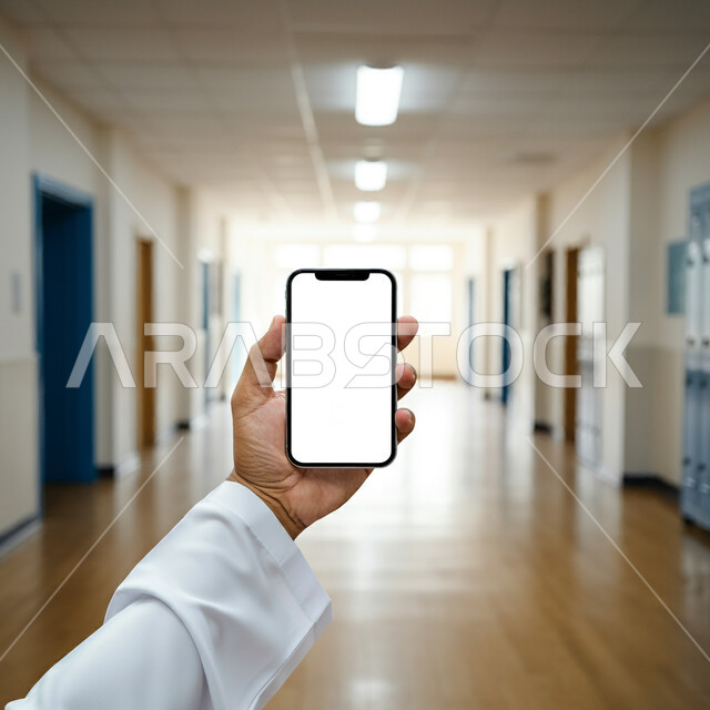 تقديم الخدمات عن طريق الإنترنت، دمج التقنيات الحديثة بالأعمال الطبية، صورة مقربة ليد طبيب عربي خليجي سعودي يرتدي المعطف الأبيض يقوم بعرض شاشة بيضاء فارغة عبر الهاتف المحمول، العمل في المجال الصحي، طلب استشارة أونلاين، إجراء البحوث والدراسات باستخدام الجوال