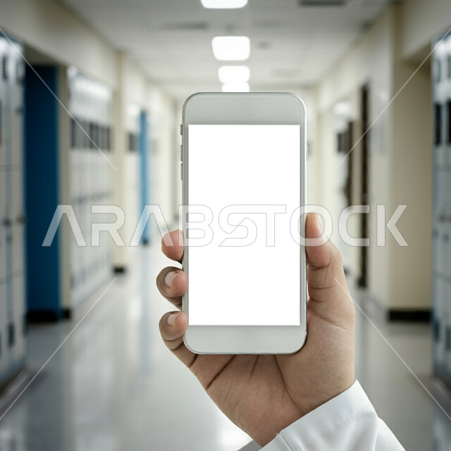 تقديم الخدمات عن طريق الإنترنت، دمج التقنيات الحديثة بالأعمال الطبية، صورة مقربة ليد طبيب عربي خليجي سعودي يرتدي المعطف الأبيض يقوم بعرض شاشة بيضاء فارغة عبر الهاتف المحمول، العمل في المجال الصحي، طلب استشارة أونلاين، إجراء البحوث والدراسات باستخدام الجوال