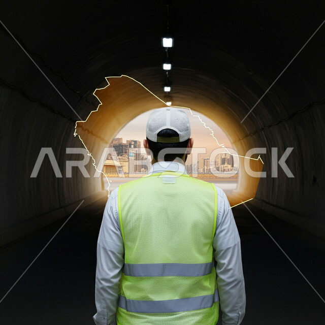 Saudi Vision 2030, 3D hologram of the map of the Kingdom of Saudi Arabia, working in the field of structural engineering, back view of a Saudi Arabian Gulf engineer wearing a protective jacket and helmet standing inside a tunnel, love and belonging to the homeland, following up on architectural projects