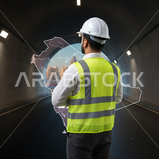 رسوم هولوجرامية ثلاثية الأبعاد لخريطة المملكة العربية السعودية، العمل في مجال الهندسة الإنشائية، صورة من الخلف لمهندس عربي خليجي سعودي يرتدي سترة وخوذة الحماية يقف داخل نفق، رؤية مستقبلية سعودية 2030، حب الوطن والإنتماء له، متابعة المشاريع المعمارية