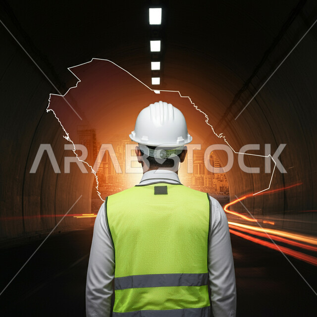 العمل في مجال الهندسة الإنشائية، صورة من الخلف لمهندس عربي خليجي سعودي يرتدي سترة وخوذة الحماية يقف داخل نفق، حب الوطن والإنتماء له، رسوم هولوجرامية ثلاثية الأبعاد لخريطة المملكة العربية السعودية، متابعة المشاريع المعمارية، رؤية مستقبلية سعودية 2030