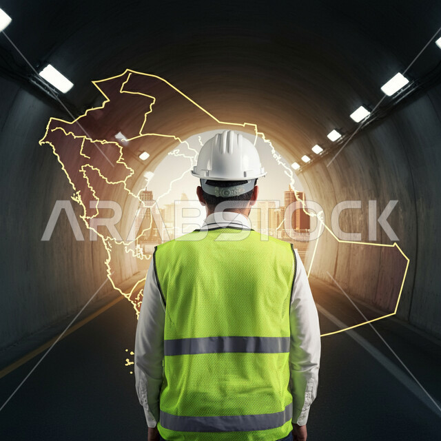 متابعة المشاريع المعمارية، العمل في مجال الهندسة الإنشائية، صورة من الخلف لمهندس عربي خليجي سعودي يرتدي سترة وخوذة الحماية يقف داخل نفق، حب الوطن والإنتماء له، رسوم هولوجرامية ثلاثية الأبعاد لخريطة المملكة العربية السعودية، رؤية مستقبلية سعودية 2030