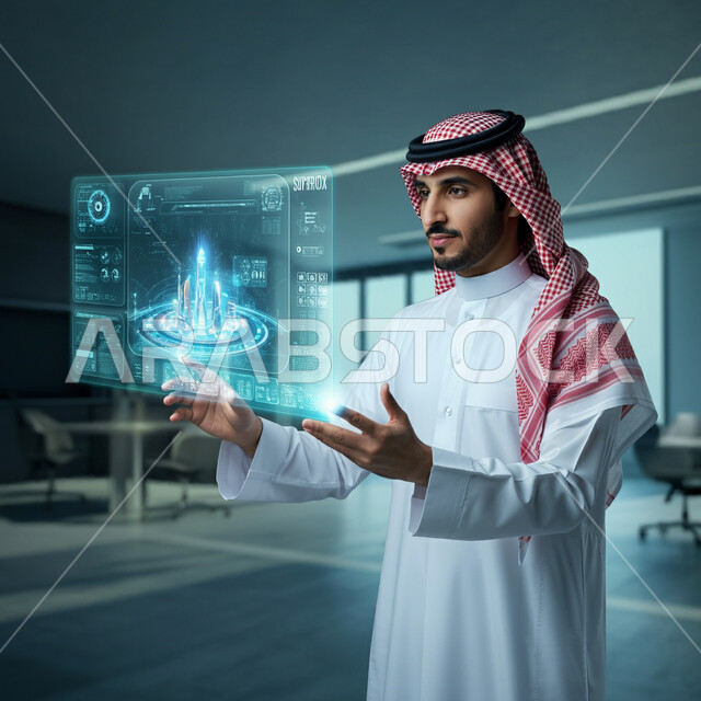 الابتكار والعلوم وتكنولوجيا الذكاء الاصطناعي, التقدم التقني والتكنولوجي في مجال التصميم الهندسي المعماري، رجل عربي خليجي سعودي يرتدي الثوب التقليدي والشماغ ينقرعلى شاشة هولوجرامية تضم أبراج مضيئة ثلاثية الابعاد، رؤية سعودية مستقبلية 2030