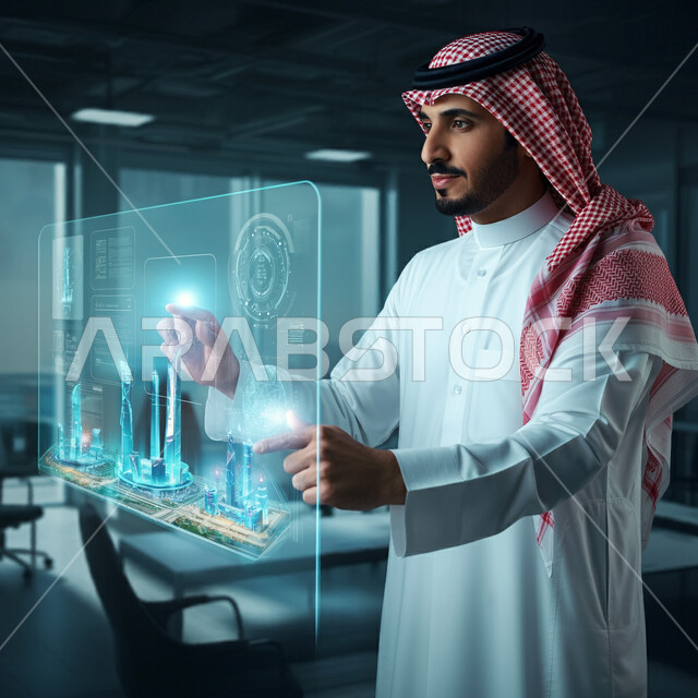 Innovation, Science and Artificial Intelligence Technology, Technical and technological progress in the field of architectural engineering design, A Saudi Arabian Gulf man wearing a traditional thobe and shemagh taps on a holographic screen featuring three-dimensional illuminated towers, Saudi Vision 2030