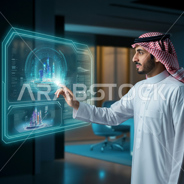 الابتكار والعلوم وتكنولوجيا الذكاء الاصطناعي, التقدم التقني والتكنولوجي في مجال التصميم الهندسي المعماري، رجل عربي خليجي سعودي يرتدي الثوب التقليدي والشماغ ينقرعلى شاشة هولوجرامية تضم أبراج مضيئة ثلاثية الابعاد، رؤية سعودية مستقبلية 2030