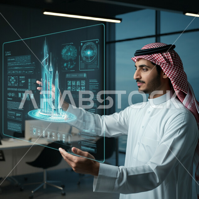 الابتكار والعلوم وتكنولوجيا الذكاء الاصطناعي, التقدم التقني والتكنولوجي في مجال التصميم الهندسي المعماري، رجل عربي خليجي سعودي يرتدي الثوب التقليدي والشماغ ينقرعلى شاشة هولوجرامية تضم أبراج مضيئة ثلاثية الابعاد، رؤية سعودية مستقبلية 2030