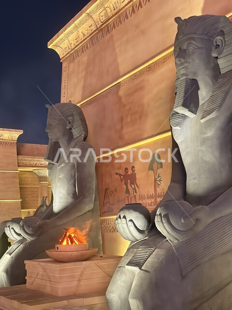 Historical monuments and monuments in the Egyptian section of Boulevard World in the city of Riyadh, stone statues and sculptures, discovering civilizations and cultures around the world, attractions and attracting tourists in the Kingdom of Saudi Arabia