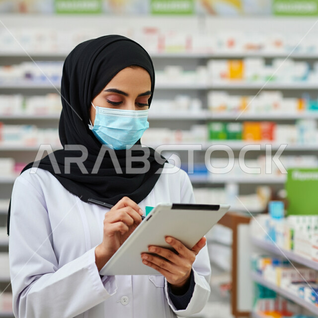 فحص وجرد مخزون الأدوية والمستلزمات الطبية داخل الصيدلية، تقديم الرعاية الصحية والوصفات الطبية،  صورة مقربة لإمرأه عربية سعودية خليجية محجبة ترتدي المعطف الأبيض والكمامة تقوم بالبحث عن الوصفة الدوائية، إتباع الإجراءات و الاحترازات الوقائيه ضد كوفيد 19