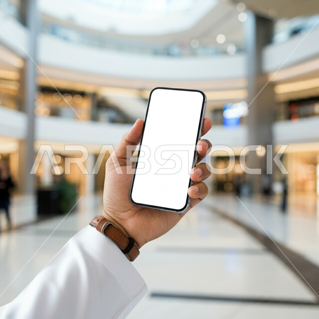 استخدام التقنية في التسويق الرقمي والالكرتوني، صورة مقربة ليد رجل عربي خليجي سعودي يعرض شاشة بيضاء فارغة عبر الهاتف المحمول، تقديم برامج وتطبيقات جهاز الجوال، دمج التكنولوجيا الحديثة في الحياة اليومية والعملية، اعلانات تسويقية ترويجية