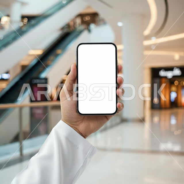 استخدام التقنية في التسويق الرقمي والالكرتوني، صورة مقربة ليد رجل عربي خليجي سعودي يعرض شاشة بيضاء فارغة عبر الهاتف المحمول، تقديم برامج وتطبيقات جهاز الجوال، دمج التكنولوجيا الحديثة في الحياة اليومية والعملية، اعلانات تسويقية ترويجية