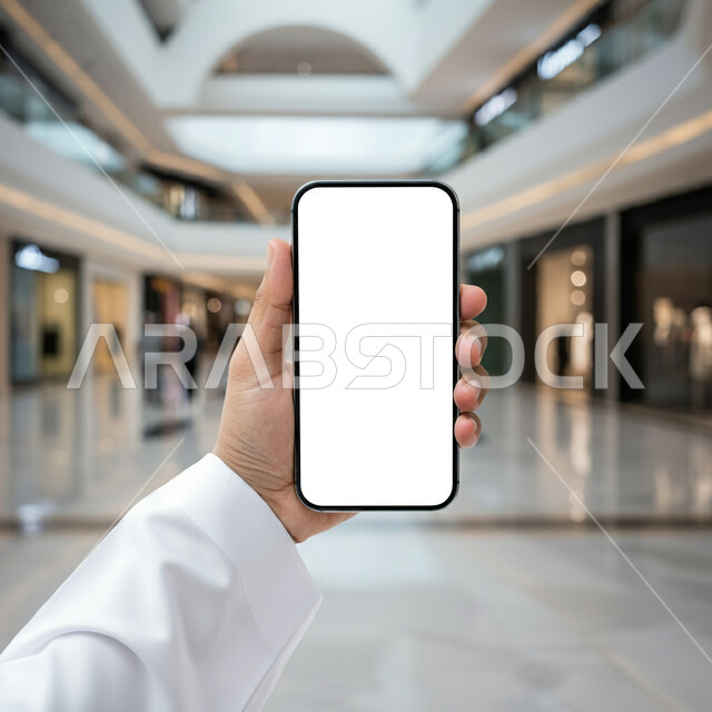 اعلانات تسويقية ترويجية، استخدام التقنية في التسويق الرقمي والالكرتوني، صورة مقربة ليد رجل عربي خليجي سعودي يعرض شاشة بيضاء فارغة عبر الهاتف المحمول، تقديم برامج وتطبيقات جهاز الجوال، دمج التكنولوجيا الحديثة في الحياة اليومية والعملية