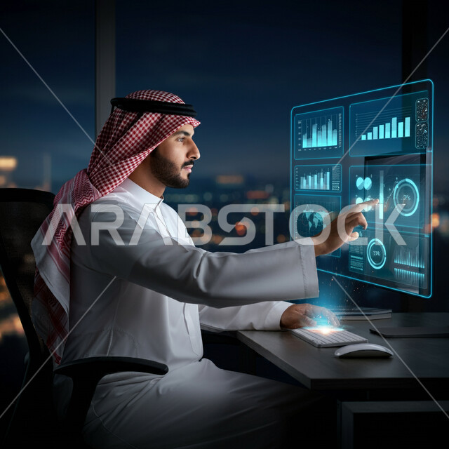 تطوير الشركات والمشاريع الاقتصادية، رسوم بيانية إحصائية للبورصة المالية، صورة من الجانب لرجل عربي خليجي سعودي يرتدي الثوب التقليدي والشماغ يقوم بالنقر على الأيقونات الهولوجرامية ثلاثية الأبعاد، مفهوم التحول الرقمي، دمج التكنولوجيا المتطورة مع العمل