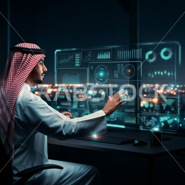 تطوير الشركات والمشاريع الاقتصادية، رسوم بيانية إحصائية للبورصة المالية، صورة من الجانب لرجل عربي خليجي سعودي يرتدي الثوب التقليدي والشماغ يقوم بالنقر على الأيقونات الهولوجرامية ثلاثية الأبعاد، مفهوم التحول الرقمي، دمج التكنولوجيا المتطورة مع العمل