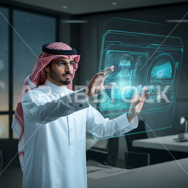 تطوير الشركات والمشاريع الاقتصادية، رسوم بيانية إحصائية للبورصة المالية، صورة من الجانب لرجل عربي خليجي سعودي يرتدي الثوب التقليدي والشماغ يقوم بالنقر على الأيقونات الهولوجرامية ثلاثية الأبعاد، مفهوم التحول الرقمي، دمج التكنولوجيا المتطورة مع العمل