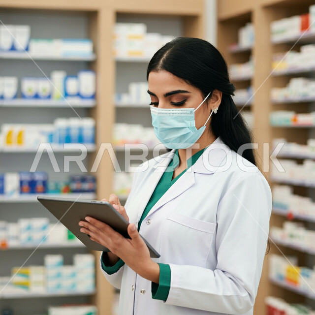 استخدام الاجهزة التقنية الحديثة، جرد وفحص مخزون الأدوية والمستلزمات الطبية داخل الصيدلية، صورة مقربة لإمرأه عربية سعودية خليجية ترتدي المعطف الأبيض والكمامة تمسك بيدها الجهاز اللوحي تقوم بالبحث عن الوصفة الدوائية، إتباع الإجراءات و الاحترازات الوقائيه ضد كوفيد 19